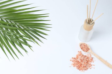 Beyaz arka planda doğal kozmetik şişeleri ve bambu dalları olan düz bir yapı.