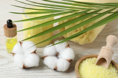 Hafif arkaplanda hindistan cevizi yağı ve spa aksesuarları ile kompozisyon