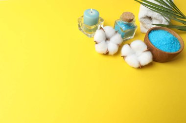 Renk arkaplanındaki spa ürünleri ve renk tuzu bileşimi