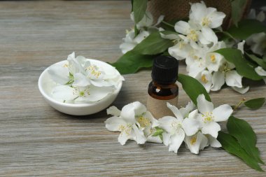 Tıbbi ve kozmetik kullanım için indirme şişeleri ve ahşap masada yasemin çiçekleri. Doğal kozmetik ürünleri ve temel eko-ambalaj, spa konsepti.