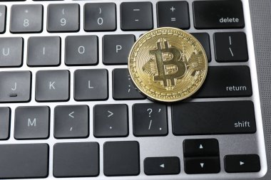 Bilgisayarın arka planında Bitcoin, altın para, kripto para. Demir
