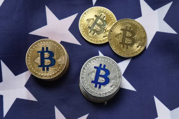 Bitcoin, Prapor altın para kripto para biriminin arka planına karşı. Demir