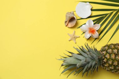 Yukarıdan gelen tropik titreşimler. Hasır şapka, güneş gözlüğü, ananas, hasır çanta, sarı arka planda plaj aksesuarları. Reklam ya da metin kaplamaları için mükemmel