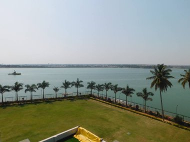           Parlak bir gökyüzü altında geniş bir su genişliğine bakan, çimenli bir bölgenin kenarında uzanan palmiye ağaçlarının oluşturduğu sakin bir tropikal manzara..