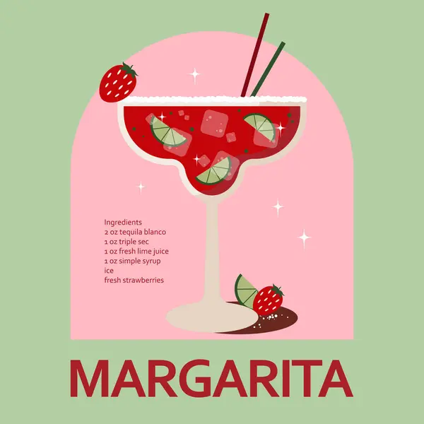Meksika kokteylinin retro posteri. Tekila, vektör çizimi, çilekli margarita kokteyli.