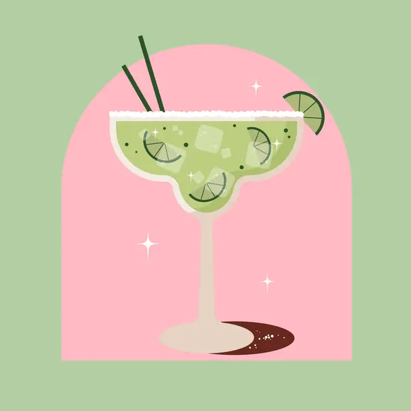 Renkli arkaplanda bir dilim limon, limonlu margarita kokteyli, vektör, illüstrasyon.