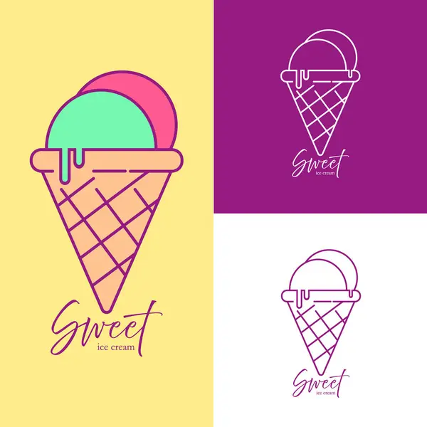 Dondurma vektör logosu dizaynı, tatlı yemek logosu, tatlı ve soğuk tatlı konsepti, yaratıcı logoti, amblem ya da rozet, resimler.