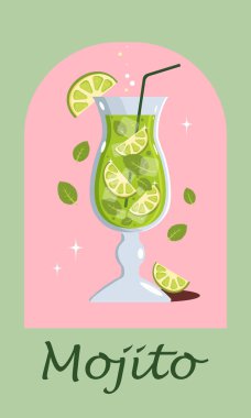 Mojito kokteyli. Buzlu, limonlu ve naneli mojito kokteyli. Poster. Vektör. Mojito günü. Popüler kokteyl. Görüntü. İllüzyon. Tatil.