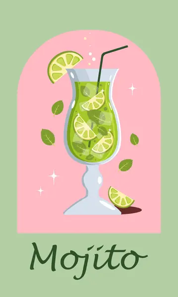Mojito kokteyli. Buzlu, limonlu ve naneli mojito kokteyli. Poster. Vektör. Mojito günü. Popüler kokteyl. Görüntü. İllüzyon. Tatil.