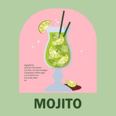 Mojito kokteyl retro tarifi. Retro tarzı mojito illüstrasyonu. Uzun bir bardakta nane yaprağı ve limon. Pastel renklerde retro poster. Yeşil ve pembe arka plan. Yaz menüsü. Poster. Görüntüler. Görüntü.