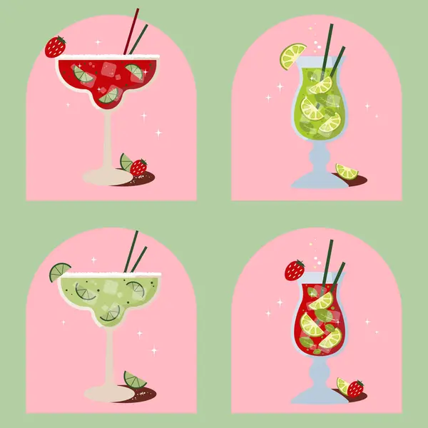 Kokteyl hazır. Dört kokteyl mojito, çilekli mojito, margarita ve çilekli margarita. Pastel yeşili pembe tonlarda bir poster. Bar mı? Menü. Soğuk içecekler. Vektör. Görüntü.