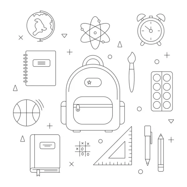 Okul malzemelerinin vektörü. Okula geri dönen vektör simgeleri. Eğitim teması üzerine çizimler. Bir satır sanat eseri. Sırt çantası, boya, fırça, dünya, defter, molekül, top, alarm saati, cetvel, üçgen, daire. Çıkartmalar.