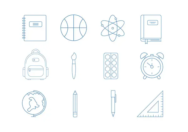 Okul malzemeleri ve eğitim simgelerinin çizgi vektör çizimi: sırt çantası, küre, not defteri, saat, cetvel, fırça, top ve daha fazlası. Minimalist mavi dış hat biçimi izole edildi.