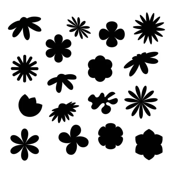 Soyut siyah çiçekli siluet seti düz stil. Logo tasarımı, tekstil, ambalaj ve dekoratif kompozisyonlar için minimalist çiçek tokası sanatı. Beyaz arkaplanda izole vektör şekilleri.