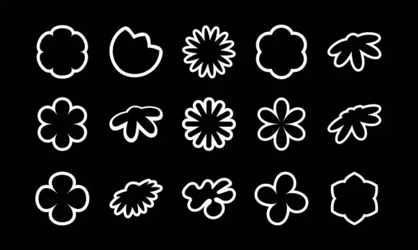 Düz stil siyah çiçek etiketleri seti. Logo tasarımı, tekstil, ambalaj ve dekoratif kompozisyonlar için minimalist çiçek tokası sanatı. Giysi baskısı, ambalaj için. Web simgeleri. Siyah.