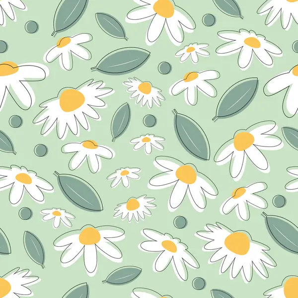 Papatyaları, yeşil yaprakları ve pastel yeşil arka planı olan hassas, pürüzsüz bir desen. Tekstil, ambalaj, duvar kağıdı, çocuk ürünleri ve bahar tasarımı için ideal. Fayansları tekrar et. Resim.