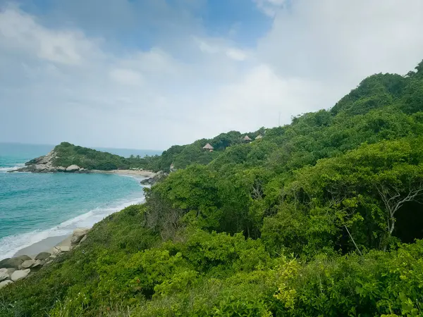 Tayrona Ulusal Parkı 'ndaki yemyeşil ve kıyı şeridinin nefes kesici manzarası Cabo San Juan' ın park girişinden yakalanır. Titrek manzara mavi okyanusla buluşuyor..