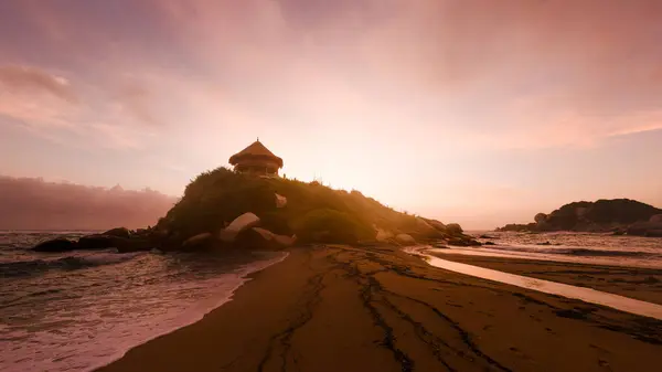 Tropikal plaj gündoğumu içinde Cape San Juan - Tayrona Milli Parkı, Colombia