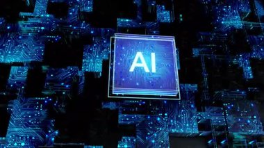Ana kartı olan işlemci. Fütürist renkli yapay zeka hızlandırılmış mikroçip PCB 'ye bağlanıyor ve tüm sisteme güç veriyor..