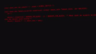 Geliştirici bilgisayar ekranında kod araştırıyor. Kod kaydırma. Yazılım geliştiricisi ve betik konsepti için kod soyut teknoloji arkaplanı programlanıyor. Kırmızı harfli siyah arkaplan