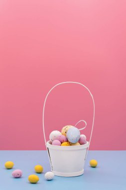 Easter card. Multi Colored sweet chocolate eggs and decorative eggs in white basket on blue and pink background. Copy space for text. Flat Lay