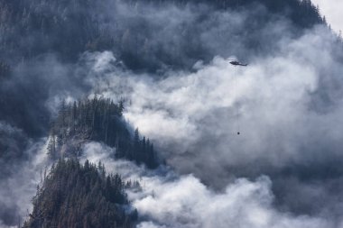 Sıcak bir yaz günü, Hope yakınlarındaki dağda, BC Orman Yangını ve Dumanı 'nın üzerinde uçan Wildfire Servis Helikopteri. British Columbia, Kanada. Doğal Felaket