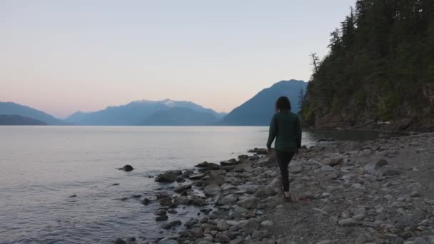 冒险旅行妇女站在哈里森湖阳光夏日晨曦中 加拿大自然景观背景 哈里森温泉 加拿大不列颠哥伦比亚省 慢动作电影 — 图库视频影像