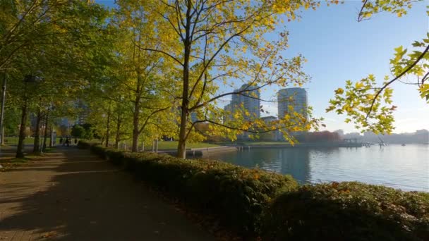 现代下城法尔斯溪的海堤 太阳落山季节的日出 加拿大不列颠哥伦比亚省温哥华 — 图库视频影像