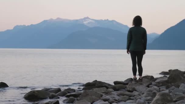 Adventure Travel Woman Stojąca Nad Jeziorem Harrison Podczas Sunny Summer — Wideo stockowe