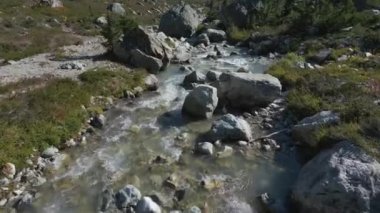 Kanada Dağ Manzarası 'nda yeşil ağaçları olan nehir ve şelale. Whistler ve Squamish yakınlarındaki Brandywine Meadows, British Columbia, Kanada. Doğa Arkaplanı. Hava Sineması