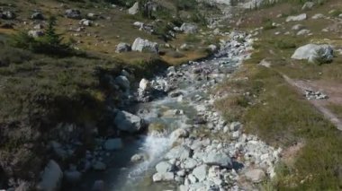 Kanada Dağ Manzarası 'nda yeşil ağaçları olan nehir ve şelale. Whistler ve Squamish yakınlarındaki Brandywine Meadows, British Columbia, Kanada. Doğa Arkaplanı. Hava Sineması