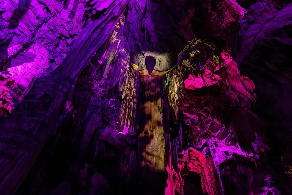 Saint Michaels Cave Colorful Lights Angel Natural Rock Formation Gibraltar — Stock Photo, Image