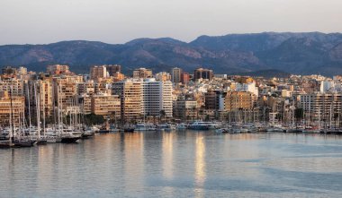 Balearic Denizi kıyısında şehir merkezindeki bir limanda tekneler. Güneşli Gündoğumu. Palma, Balear Adaları, İspanya. Seyir gemisinden hava görüntüsü.