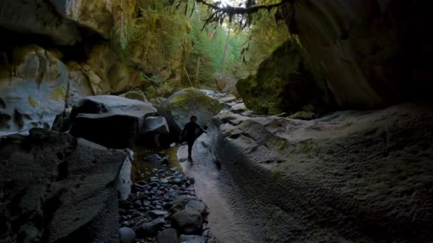 Mujer Aventurera Pie Dentro Una Cueva Viaje Aventura Little Huson — Vídeo de stock