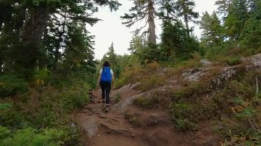 Kanada Dağ Manzarası 'nın tepesindeki yürüyüş parkurunda maceraperest bir kadın yürüyüşçü. Vancouver yakınlarındaki St. Marks Zirvesi, BC, Kanada. Yavaş Sinema Sineması