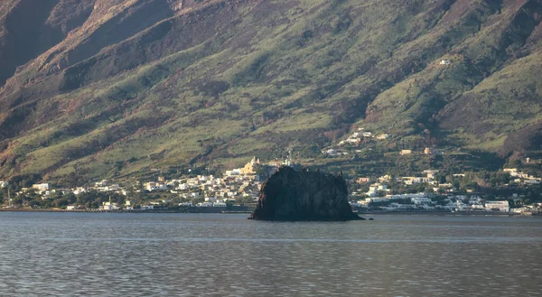 stock image Stromboli Island with an Active Volcano in Tyrrhenian Sea. Italy. Sunny Morning Sunrise Sky. Nature Background