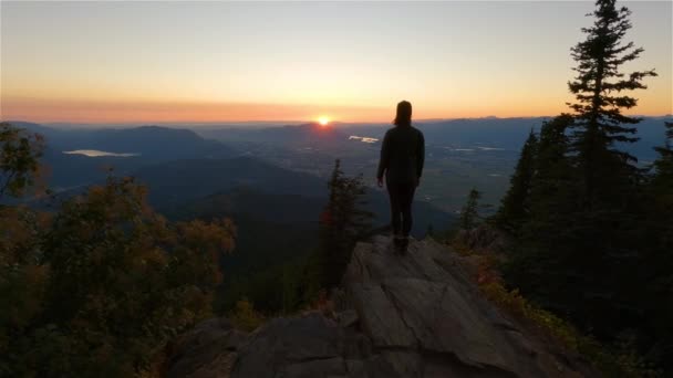 Adventurous Woman Hiking Canadian Landscape Fall Colors Sunny Sunset Elk — Stok Video