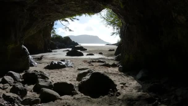 Cave Sandy Beach Pacific Ocean Coast View Солнечное Утреннее Небо — стоковое видео