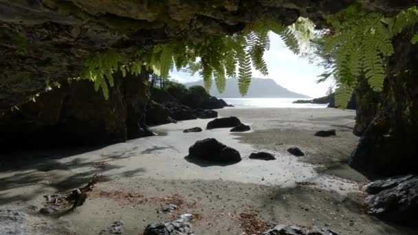 Höhle Sandstrand Pazifik Mit Blick Auf Die Küste Sonniger Morgenhimmel — Stockvideo