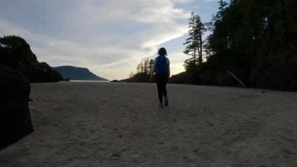 在太平洋海岸景观的沙滩上散步的女人 夕阳西下加拿大不列颠哥伦比亚省温哥华岛北部斯科特角省级公园圣约瑟夫湾 加拿大自然背景 电影4K — 图库视频影像