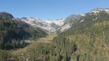 Kanada Dağ Manzarası 'nda yeşil ağaçları olan nehir ve şelale. Whistler ve Squamish yakınlarındaki Brandywine Meadows, British Columbia, Kanada. Doğa Arkaplanı. Hava Sineması