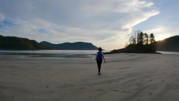 女性太平洋の砂浜を歩く海岸ビュー サンセット スカイ サンヨゼフ湾 ケープスコット州立公園 北バンクーバー島 カナダ カナダの自然背景 シネマティック4K — ストック動画