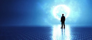 Karanlık soyut sahne. Metal yansıtıcı zemin ve geçitten Parlayan Işık Işınlarıyla Duran Adam. 3d Hazırlama