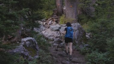 Maceracı Kadın Yürüyüşçü Kanada Dağ Manzarası 'nın tepesinde yürüyüş yapıyor. Sunny Evening Sunset 'ten önce. Vancouver, British Columbia, Kanada yakınlarındaki Seymour Dağı 'nın tepesinde. Macera Yolculuğu Konsepti