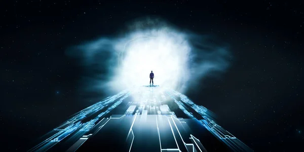 Ciemna Abstrakcyjna Ścieżka Sci Kosmosem Tle Człowiek Stojący Świecącymi Promieniami — Zdjęcie stockowe