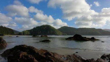 Pasifik Okyanusu Sahil Manzarası 'ndaki kumsal. Güneşli Mavi Gökyüzü. San Josef Körfezi, Scott Burnu İl Parkı, Kuzey Vancouver Adası, BC, Kanada. Kanada Doğa Arkaplanı. Sinematik 4k Yavaş Hareket