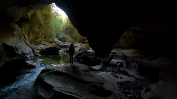 洞窟の中に立つ冒険的な女性 冒険旅行 リトル フソン洞窟公園 バンクーバー島 ブリティッシュコロンビア州 カナダ スローモーション シネマティック — ストック動画