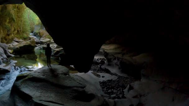 Mujer Aventurera Pie Dentro Una Cueva Viaje Aventura Little Huson — Vídeo de stock