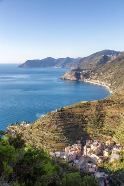 Kıyıdaki küçük turistik kasaba ve tarım arazisi, Manarola, İtalya. Cinque Terre 'de. Sunny Fall Sezon Günü.