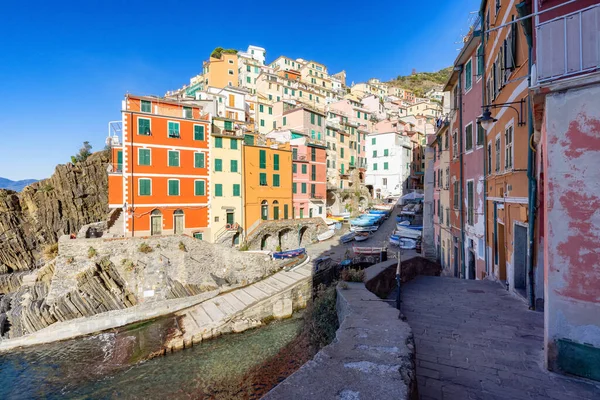 Boats Marina Colorful Apartment Homes Touristic Town Riomaggiore Italy Cinque — Stock Photo, Image